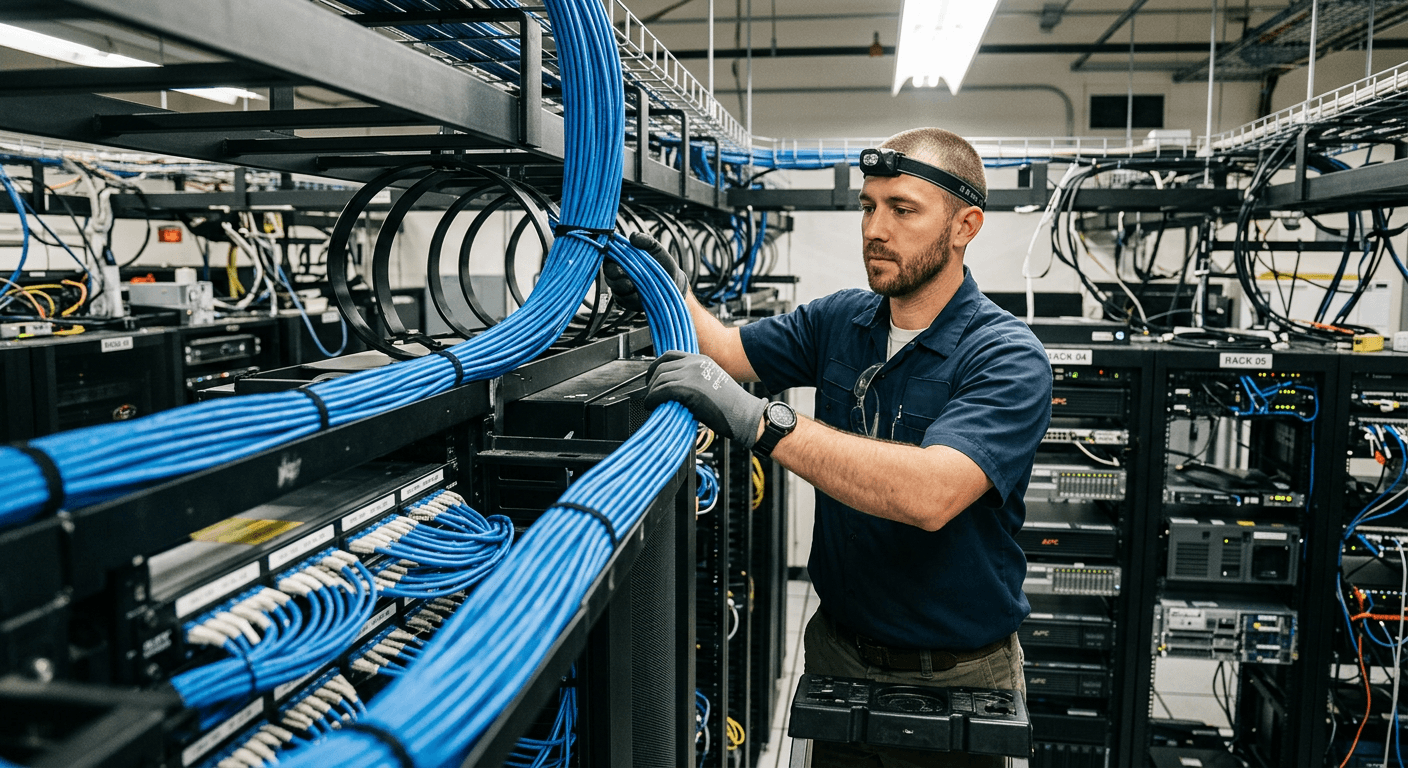 Custom server rack with organized cabling in a data center