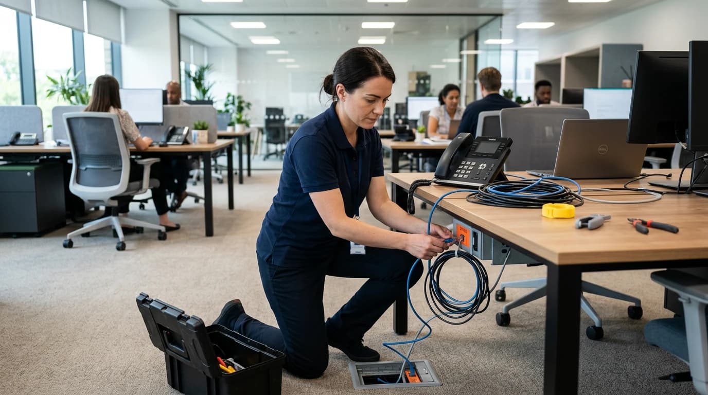 IT technician installing VoIP phone system